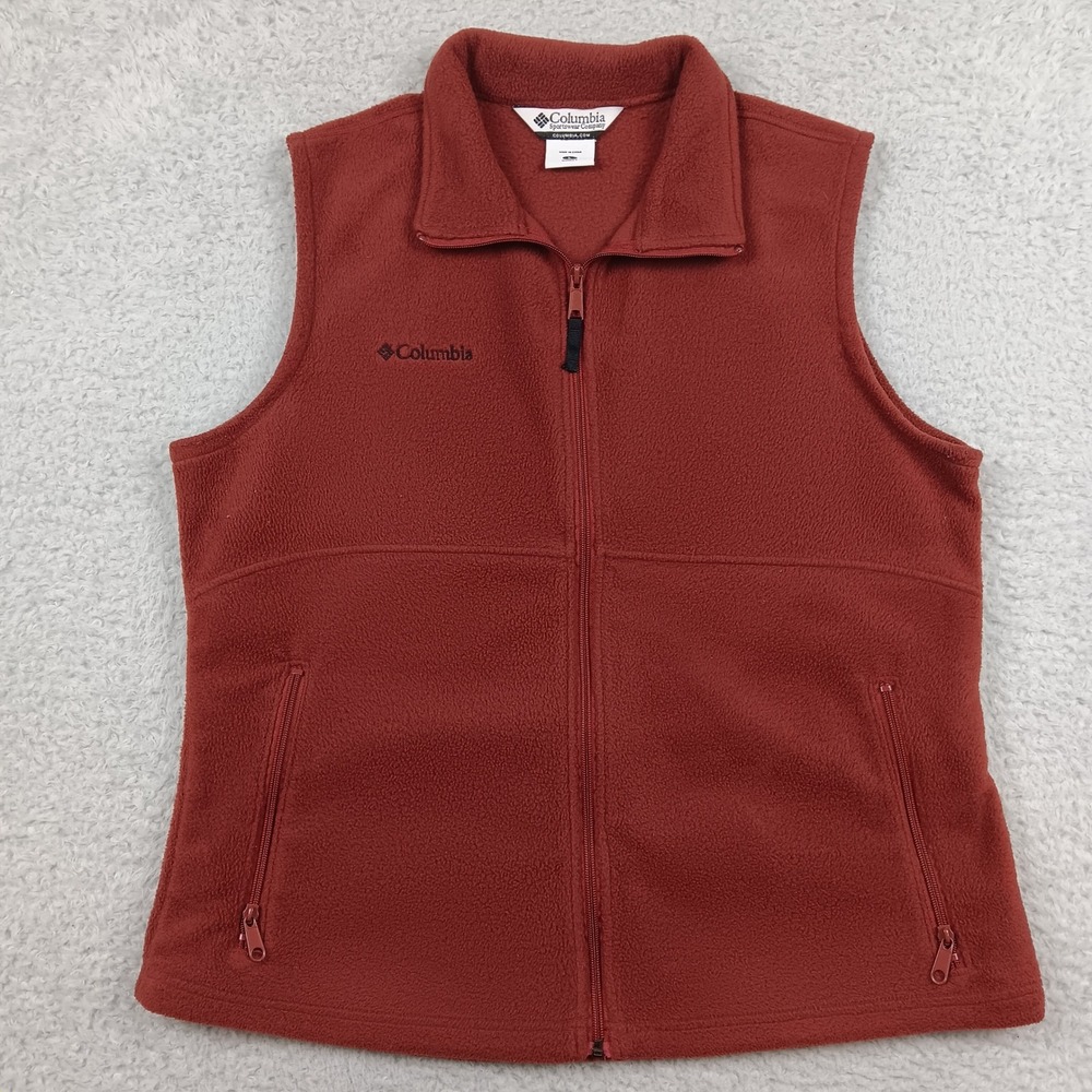 Columbia Vest Fleece Women L Rust Red Full Zip Mock Neck WL1470